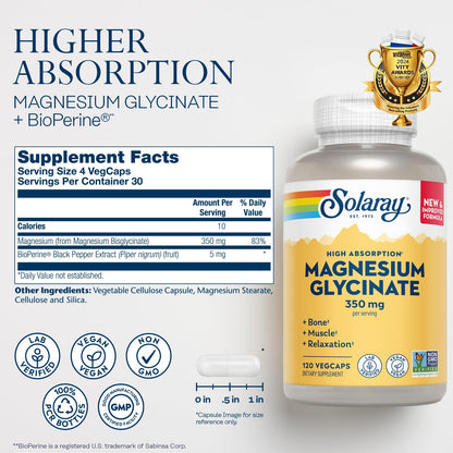 SOLARAY Magnesium Glycinate Capsules – Chelated Bisglycinate with BioPerine (Vegan, 120 VegCaps)
