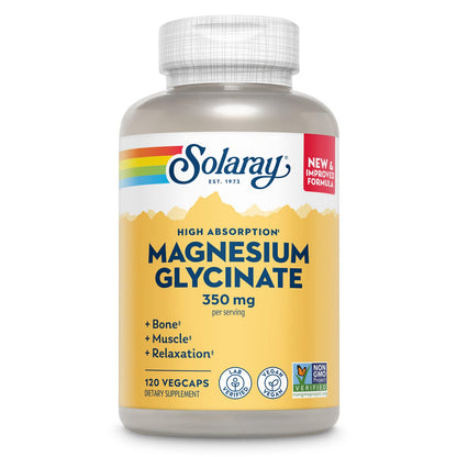 SOLARAY Magnesium Glycinate Capsules – Chelated Bisglycinate with BioPerine (Vegan, 120 VegCaps)