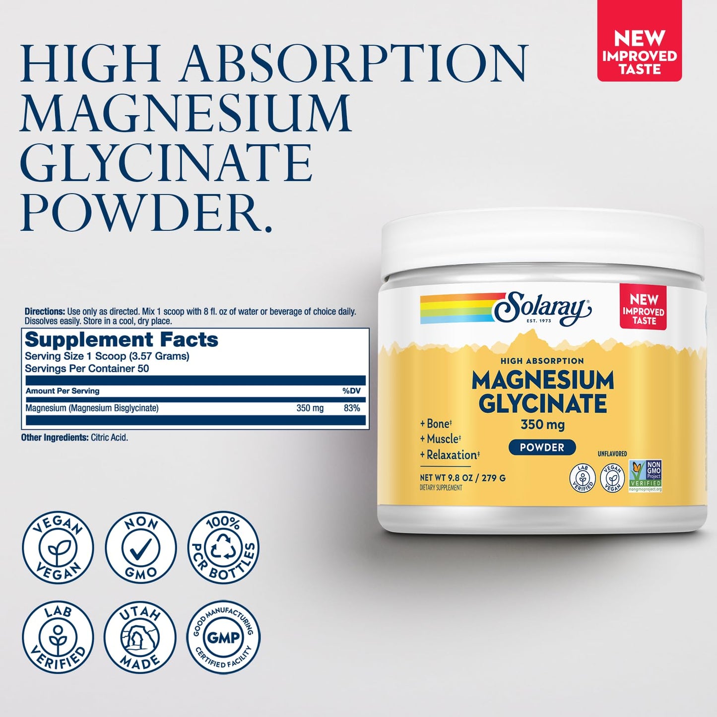 Solaray Magnesium Glycinate Powder 350 mg – Unflavored, Vegan Magnesium Supplement (6 oz, 50 Servings) for Bone, Muscle & Relaxation