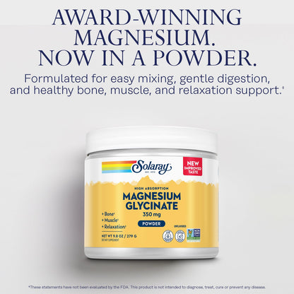 Solaray Magnesium Glycinate Powder 350 mg – Unflavored, Vegan Magnesium Supplement (6 oz, 50 Servings) for Bone, Muscle & Relaxation