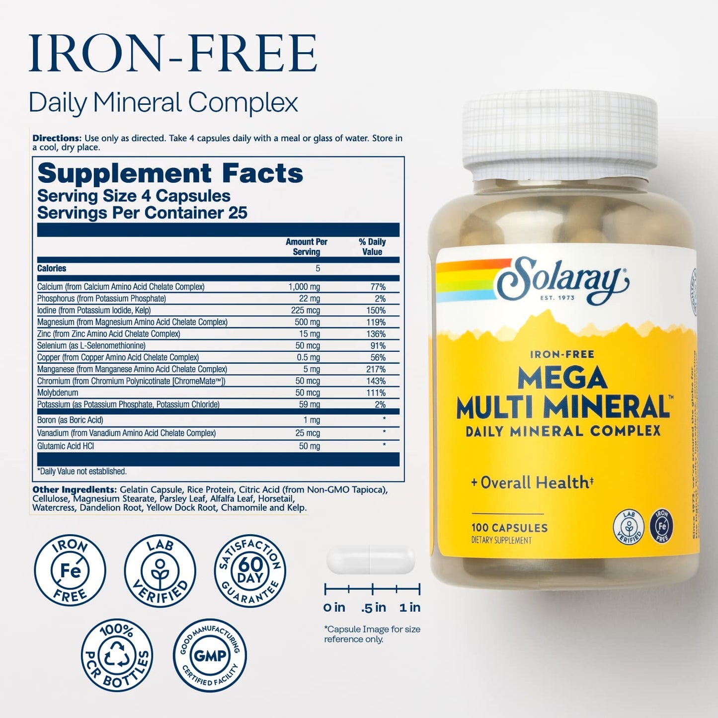 SOLARAY Mega Multi Mineral – Iron-Free Daily Mineral Supplement with Trace Minerals | 60-Day Guarantee | 25 Serv