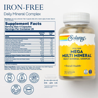 SOLARAY Mega Multi Mineral – Iron-Free Daily Mineral Supplement with Trace Minerals | 60-Day Guarantee | 25 Serv