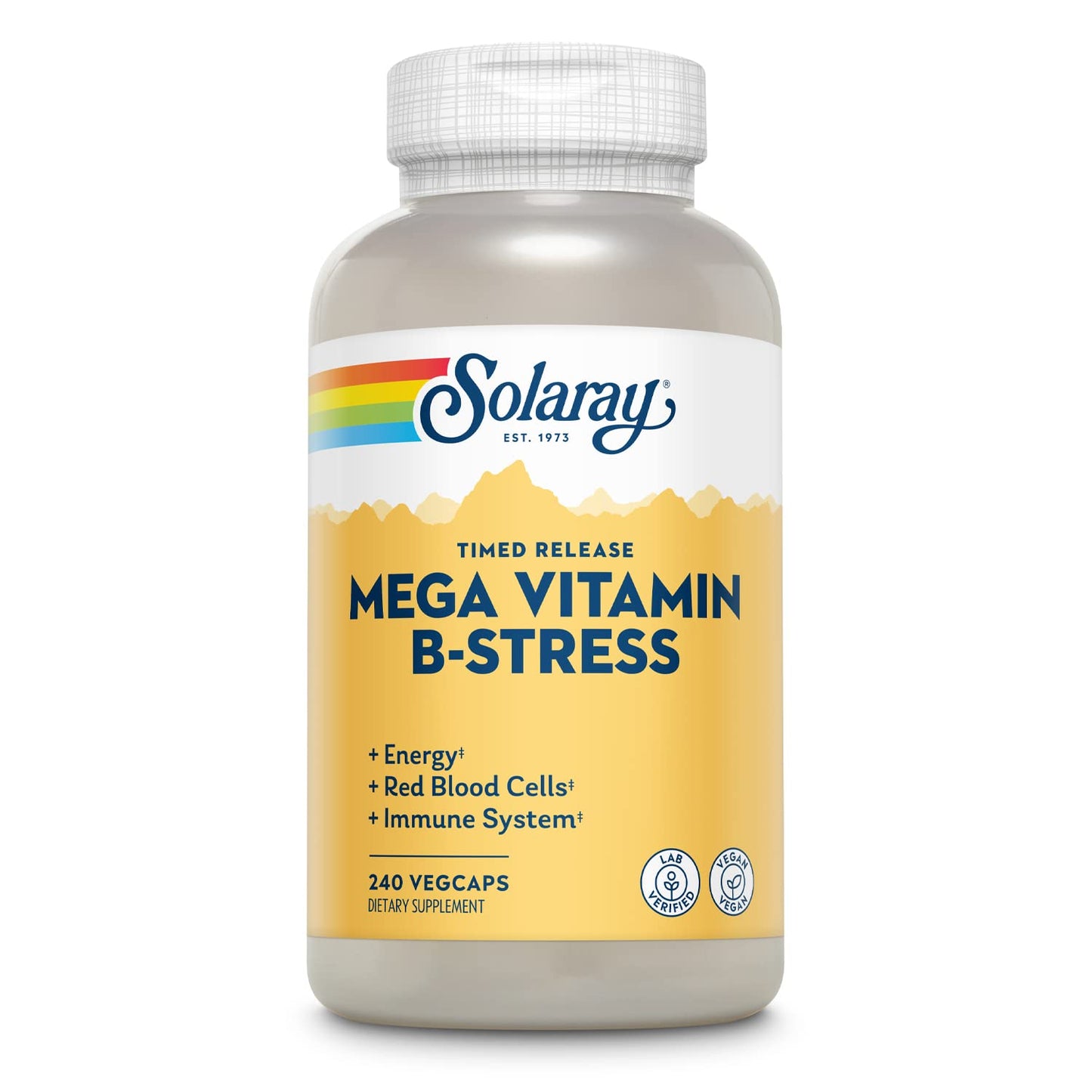 SOLARAY Mega Vitamin B-Stress – Timed Release B-Complex with B12, B6, Folic Acid & Vitamin C | Stress Support, Energy & Immune Health – Vegan, 240 CT | 60-Day Guarantee
