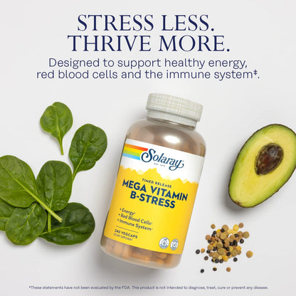 SOLARAY Mega Vitamin B-Stress – Timed Release B-Complex with B12, B6, Folic Acid & Vitamin C | Stress Support, Energy & Immune Health – Vegan, 240 CT | 60-Day Guarantee