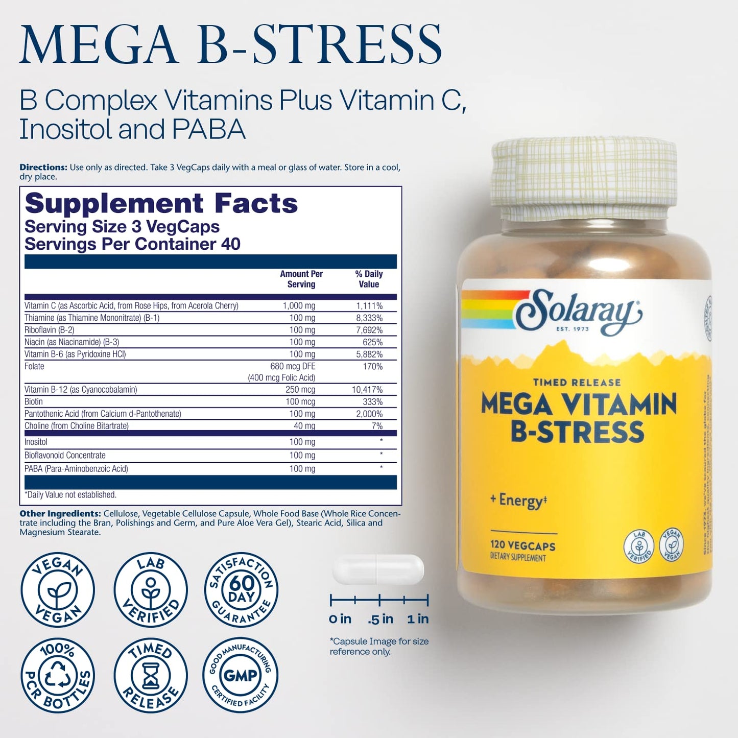 SOLARAY Mega Vitamin B-Stress – Timed-Release B-Complex + 1000 mg Vitamin C