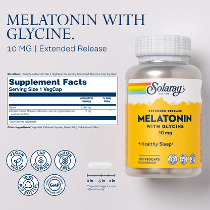 SOLARAY Melatonin 10mg with Glycine – Extended Release Sleep Support, Vegan & Gluten Free | 100 Servings, 100 VegCaps