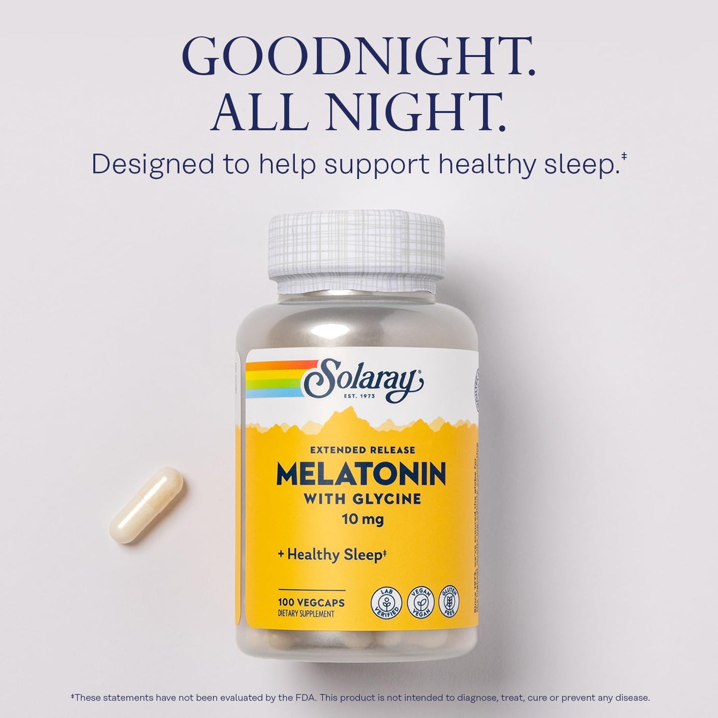 SOLARAY Melatonin 10mg with Glycine – Extended Release Sleep Support, Vegan & Gluten Free | 100 Servings, 100 VegCaps