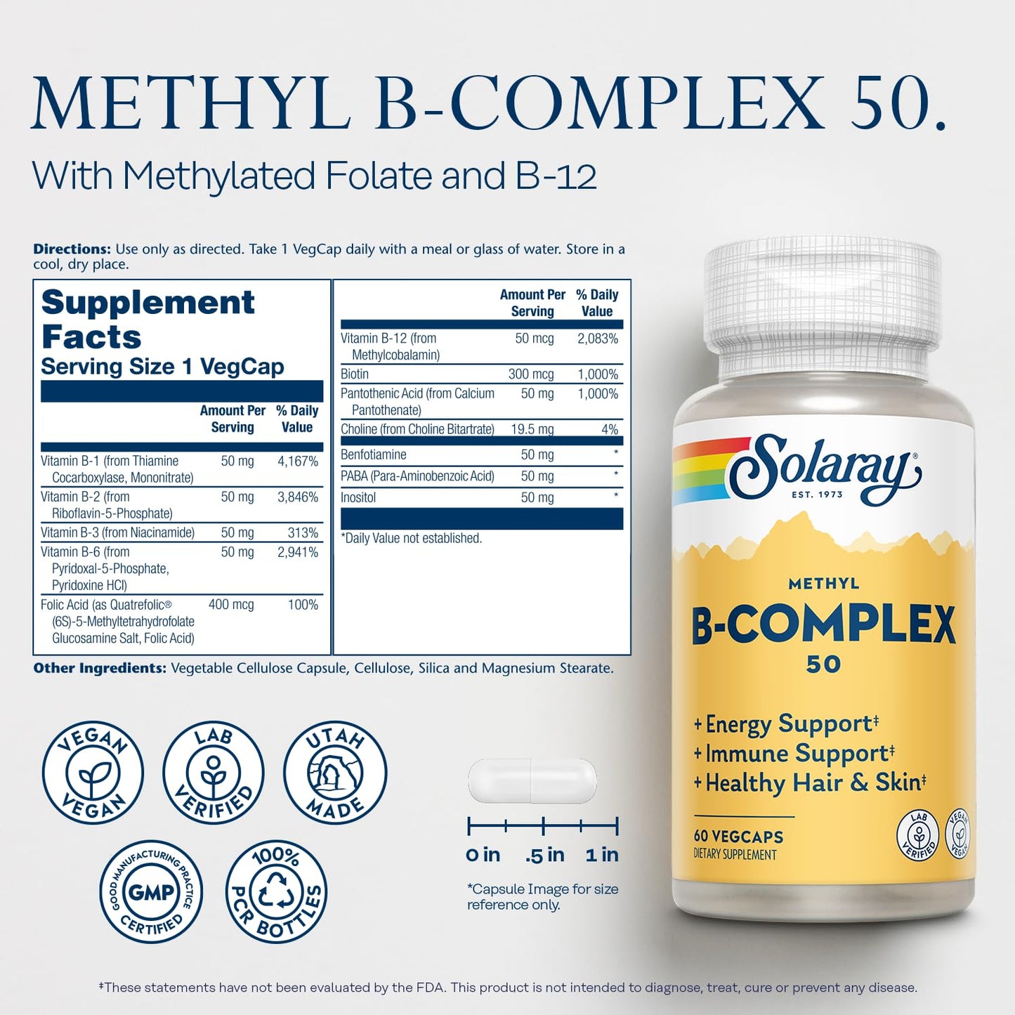 Solaray Methyl B Complex 50mg – Vitamin B12, B6, B1 – 60 Servings, Vegan