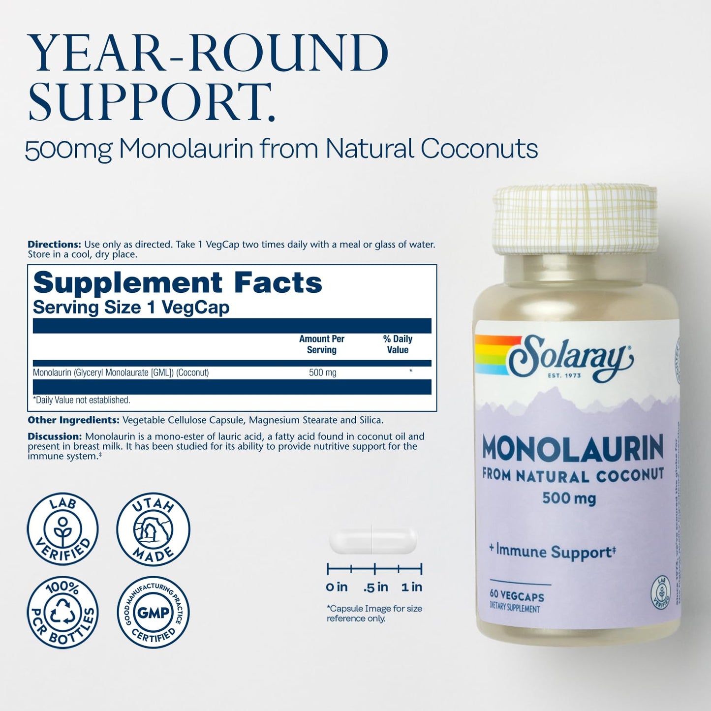 SOLARAY Monolaurin 500mg – Immune Support, Lab Verified, 60 Servings