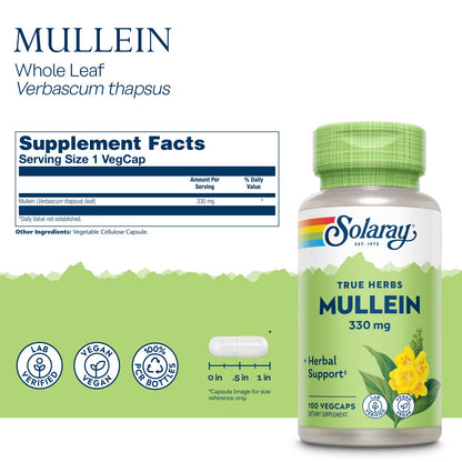 SOLARAY Mullein Leaf 330mg – Respiratory Support, Vegan, 100 Servings (Pack of 2)