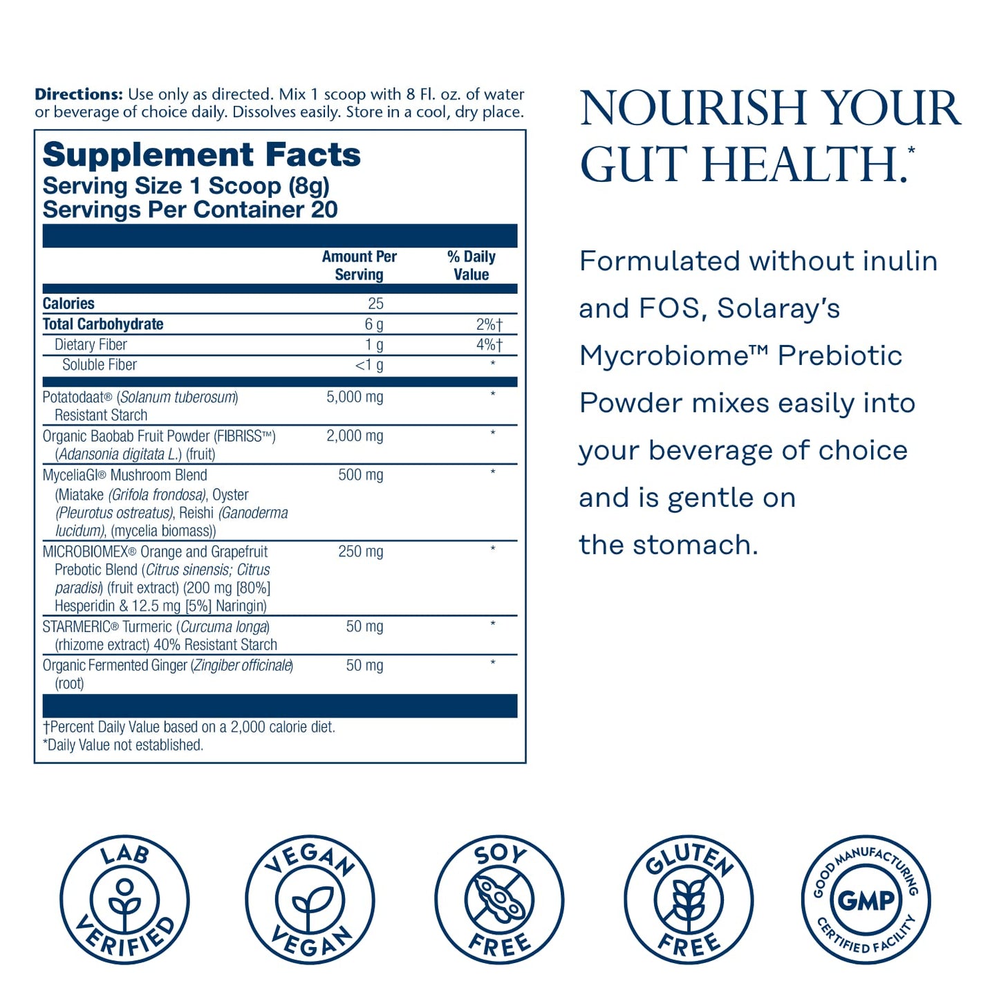 SOLARAY Mycrobiome Prebiotic Powder - Digestive Health Support, 20 Servings (5.64 oz)