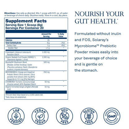 SOLARAY Mycrobiome Prebiotic Powder - Gut Health & Citrus Flavor, 20 Servings