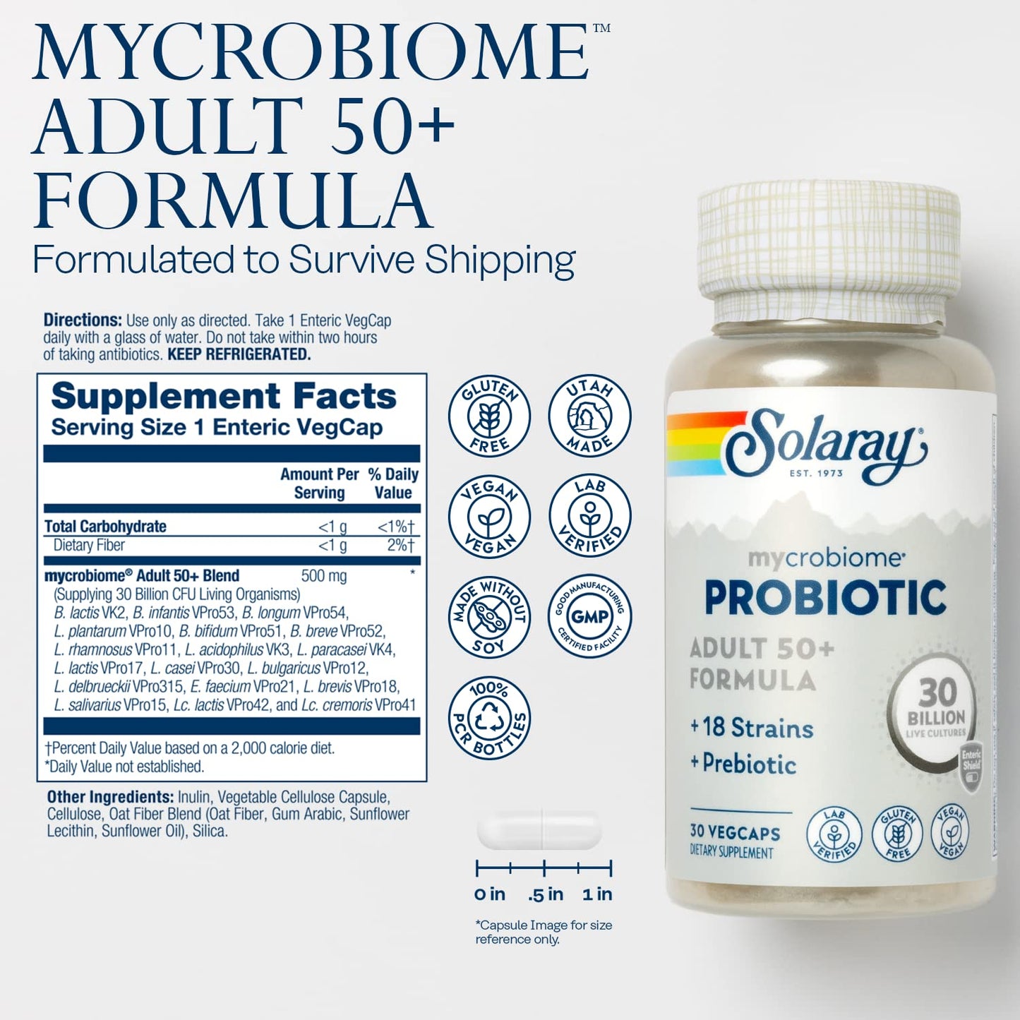 SOLARAY Mycrobiome Probiotic Adult 50+ Formula | 30B CFU, 18 Strains, 30 Servings, VegCaps