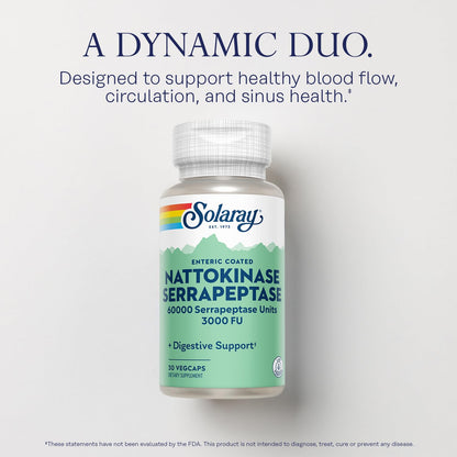 SOLARAY Nattokinase Serrapeptase - Enteric Coated, 3000 FU | Circulation & Sinus Support