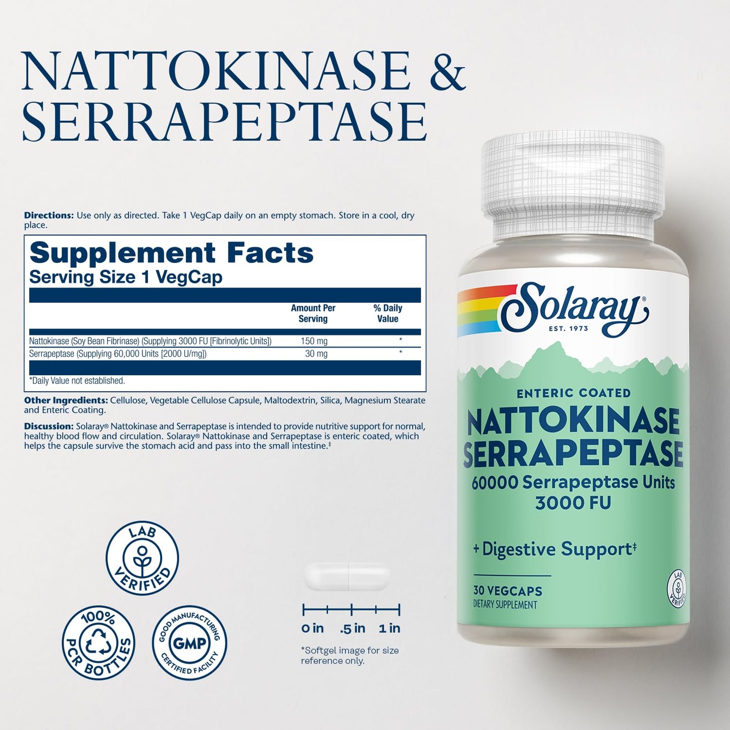 SOLARAY Nattokinase Serrapeptase - Enteric Coated, 3000 FU | Circulation & Sinus Support