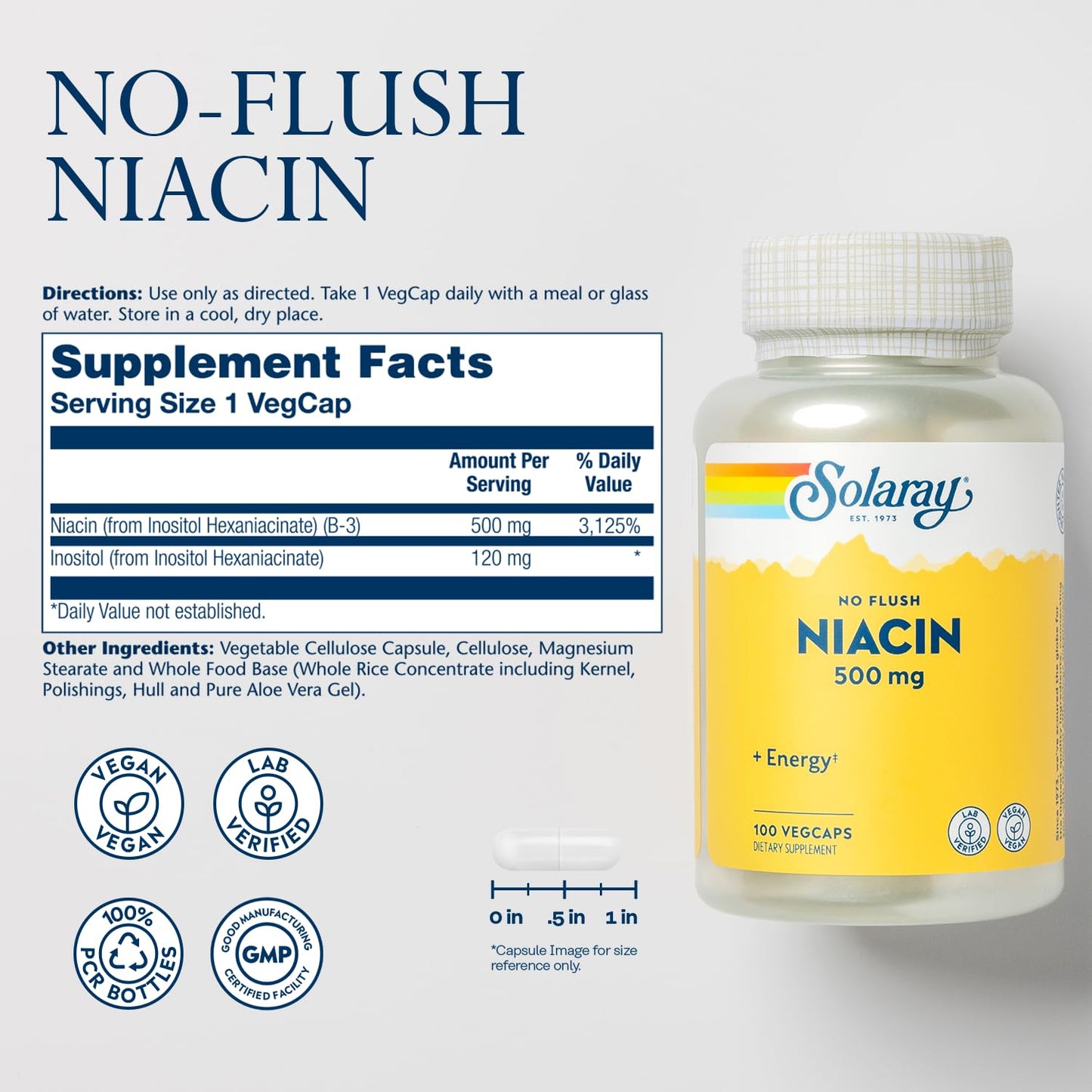 SOLARAY No-Flush Niacin 500mg – Flush-Free Vitamin B3 for Energy & Circulation | Vegan, Lab Verified, 60-Day Guarantee