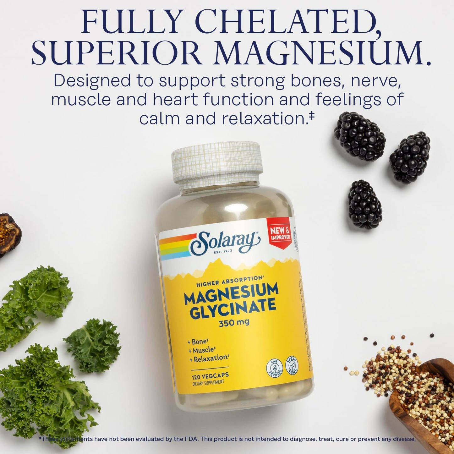 SOLARAY Magnesium Glycinate Capsules – Chelated Bisglycinate with BioPerine (Vegan, 120 VegCaps)