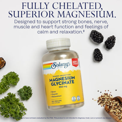 SOLARAY Magnesium Glycinate Capsules – Chelated Bisglycinate with BioPerine (Vegan, 120 VegCaps)