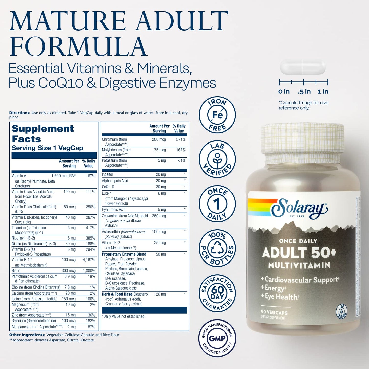 Solaray Once Daily 50+ Multivitamin for Women & Men – Iron Free, CoQ10, Lutein, 90 VegCaps