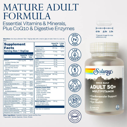 Solaray Once Daily 50+ Multivitamin for Women & Men – Iron Free, CoQ10, Lutein, 90 VegCaps