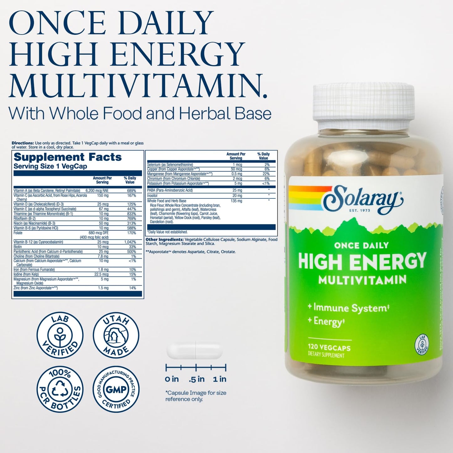 Solaray Once Daily High Energy Multivitamin for Women & Men – Immune Support, B Complex, Vitamins C, D, E | 120 VegCaps