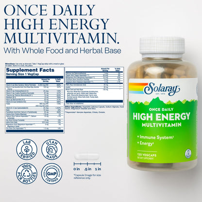 Solaray Once Daily High Energy Multivitamin for Women & Men – Immune Support, B Complex, Vitamins C, D, E | 120 VegCaps