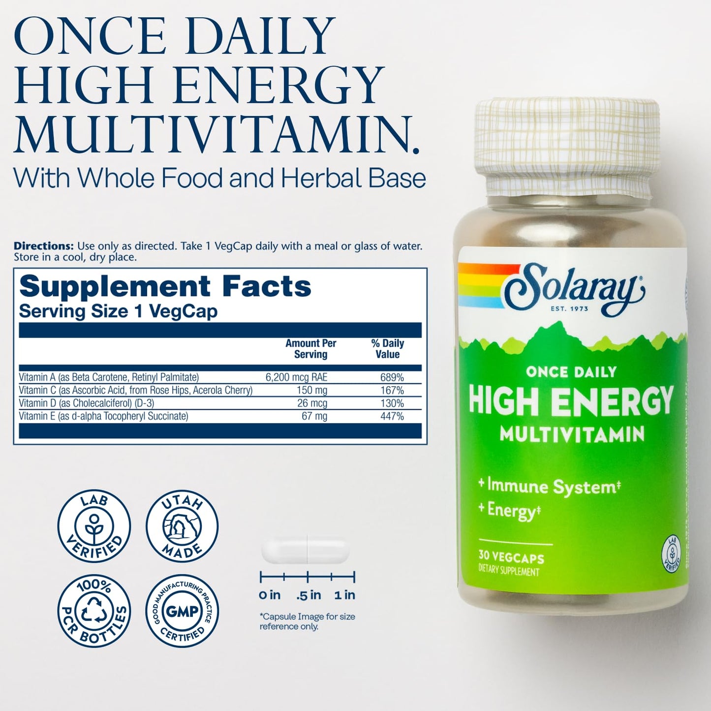 Solaray Once Daily High Energy Multivitamin for Women & Men – Immune Support, Vitamin C, A, D, E, B Complex, 60-Day Guarantee