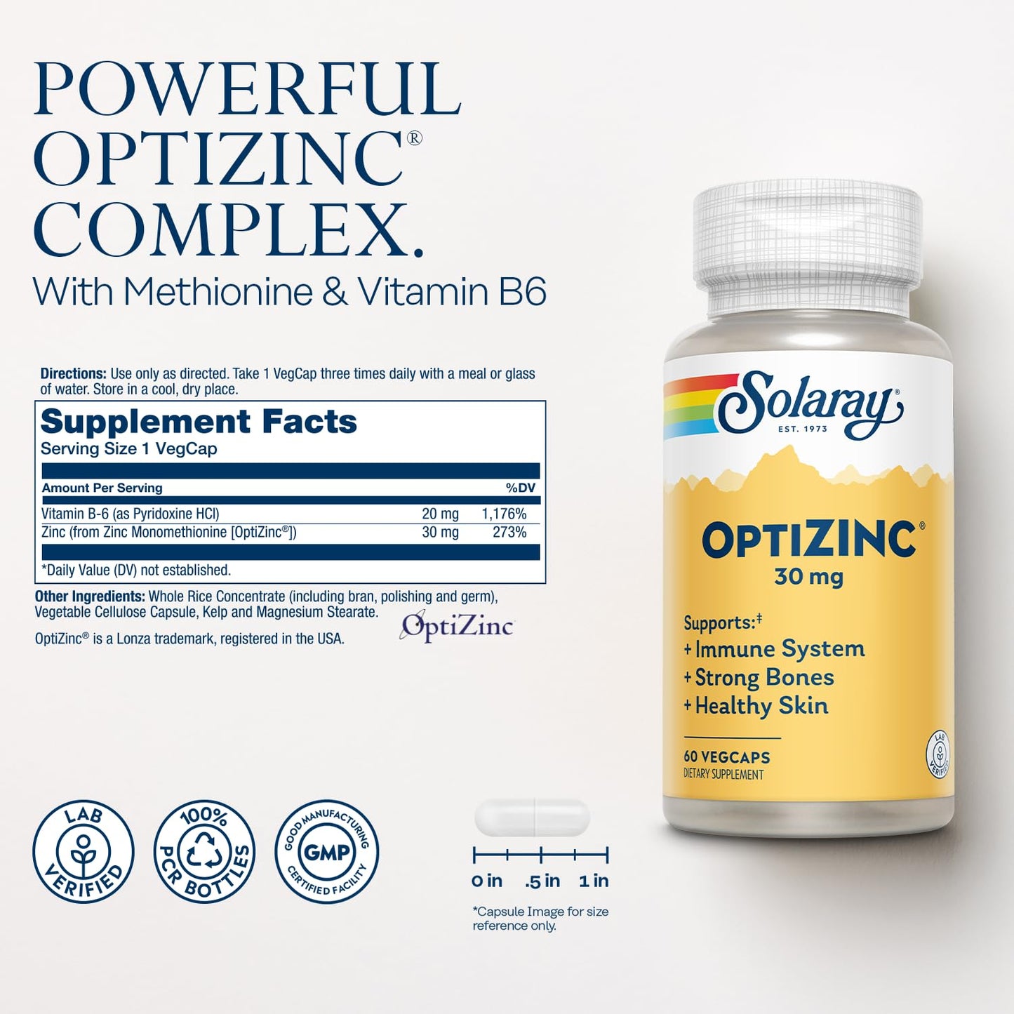 SOLARAY OptiZinc 30mg Immune Support - Zinc with Vitamin B6 | High Absorption | 60 VegCaps
