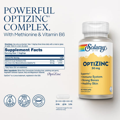 SOLARAY OptiZinc 30mg Immune Support - Zinc with Vitamin B6 | High Absorption | 60 VegCaps