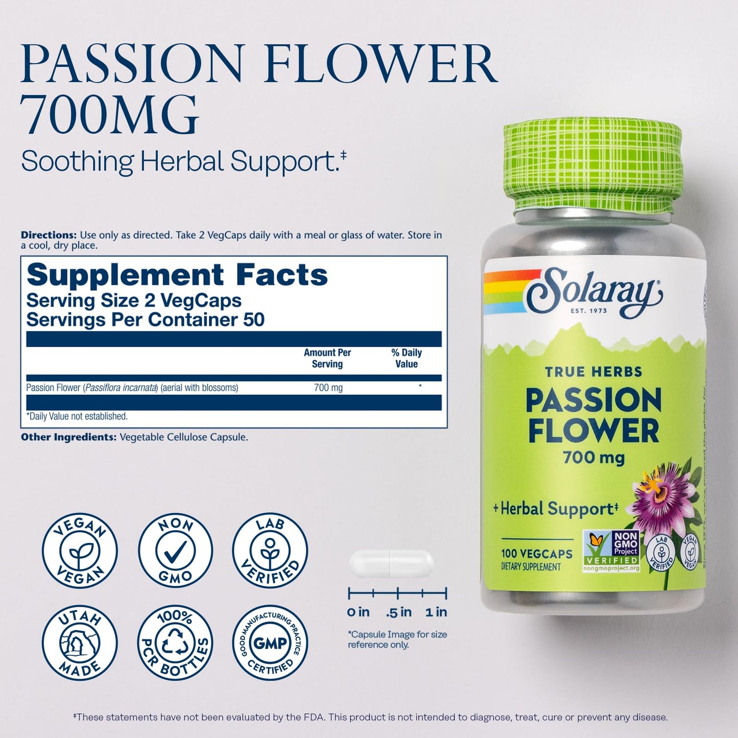 Solaray Passion Flower 700 mg Whole Aerial – 2-Pack, Vegan, Non-GMO, Lab Verified