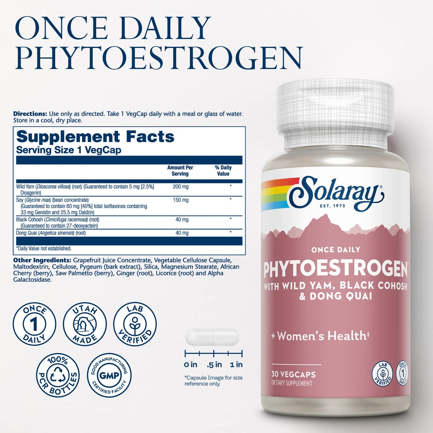 SOLARAY Once Daily Phytoestrogen – Women's Hormone Support with Black Cohosh, Dong Quai, Wild Yam & Soy Isoflavones | 60-Day Guarantee