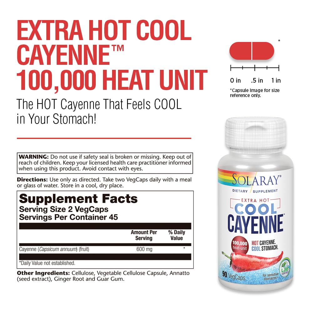 SOLARAY Extra Hot Cool Cayenne 100,000 HU - Bio-Cool Process | Lab Verified & GMP Facility - 60-Day Guarantee