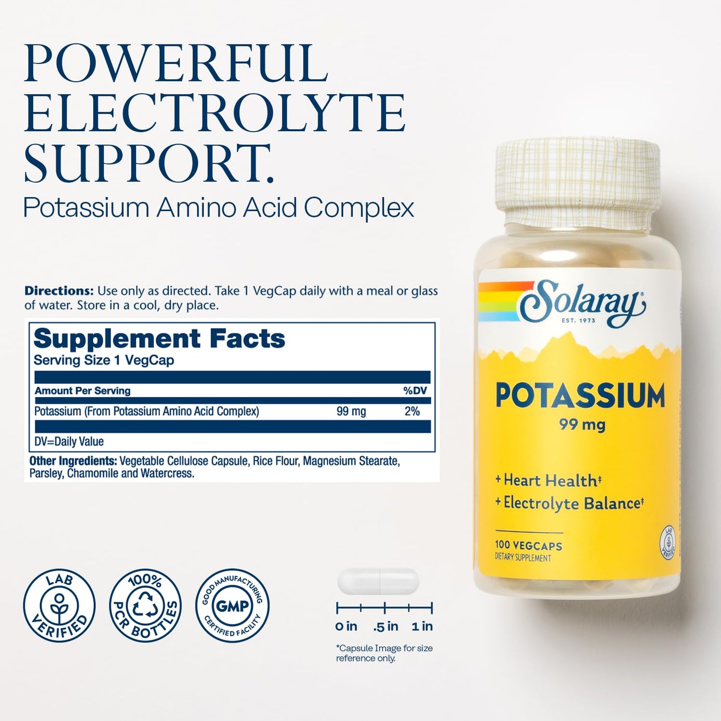 Solaray Potassium 99 mg – Electrolyte Balance & Heart Health | 100 Servings