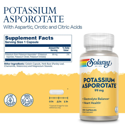 Solaray Potassium Asporotate Supplement – 99 mg, 200 Count