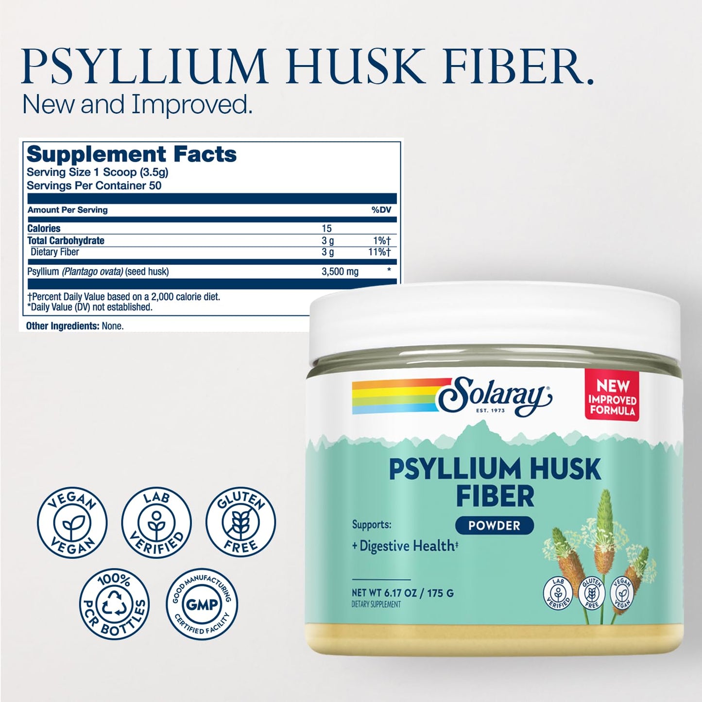 SOLARAY Psyllium Husk Powder - 3 g Soluble Fiber, Gluten Free & Soy Free | 50 Servings