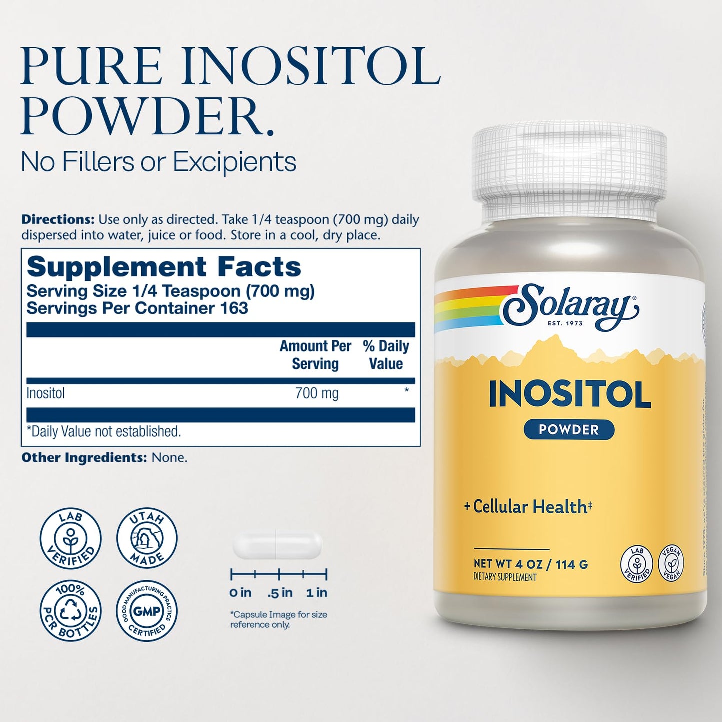 SOLARAY Pure Inositol Powder – Cellular Health Support | Vegan & Lab Verified | 163 Servings, 4 oz