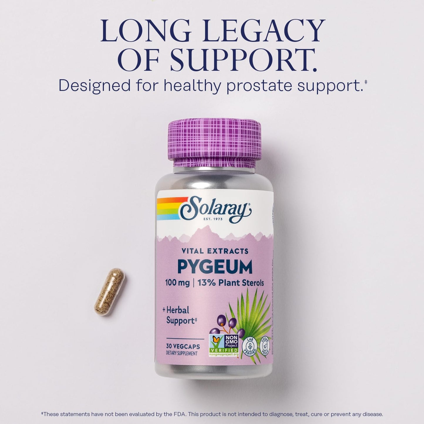 SOLARAY Pygeum Bark Extract 100mg – Prostate Support, 13 mg Plant Sterols, Vegan, 30 Servings, 60-Day Guarantee