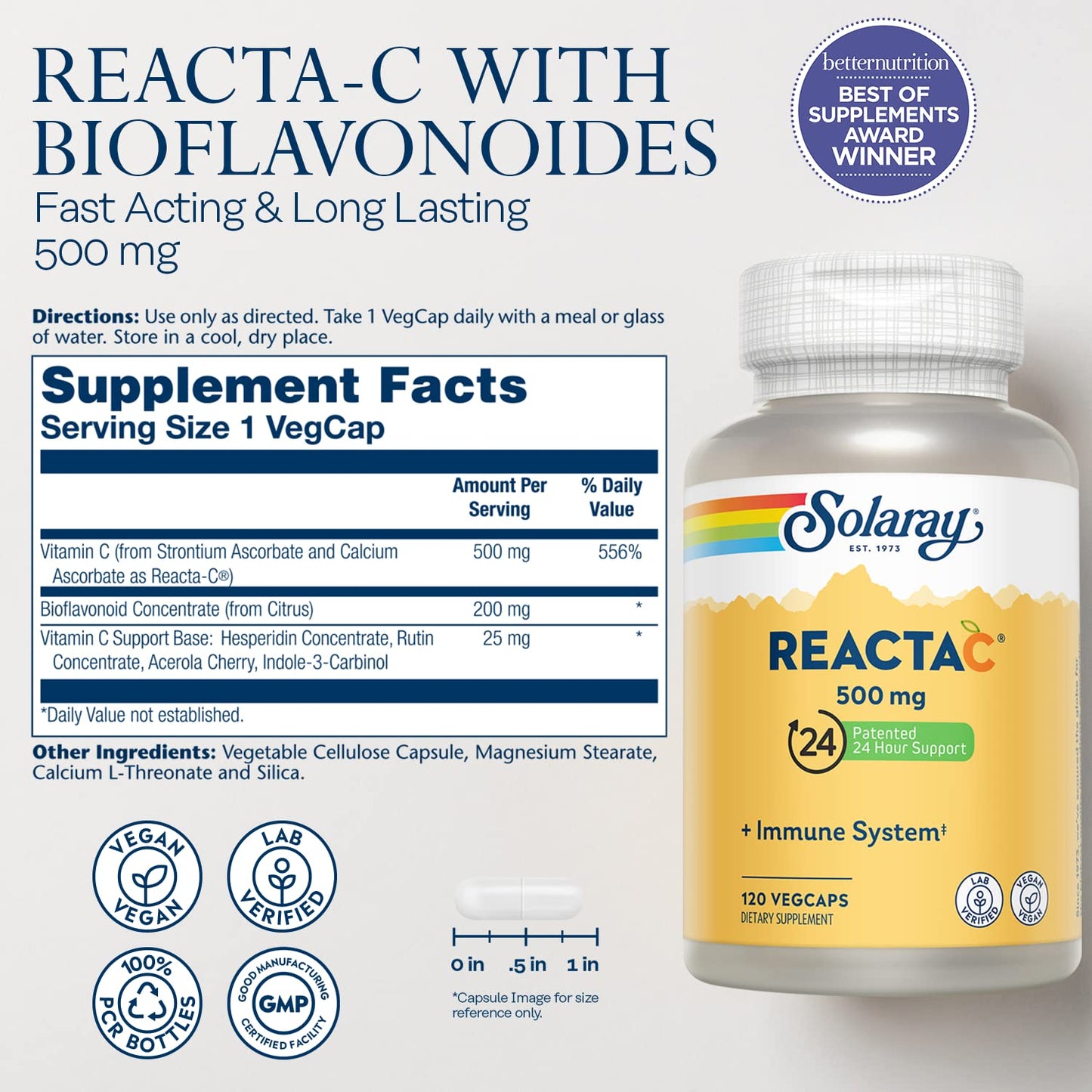 SOLARAY Reacta-C with 500mg Vitamin C - Immune Support, 24 Hour Immunity Booster, Vegan, 120 Capsules