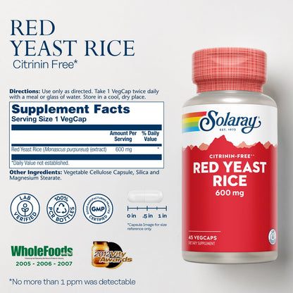 SOLARAY Red Yeast Rice 600 mg, 45 Count | HDL Support