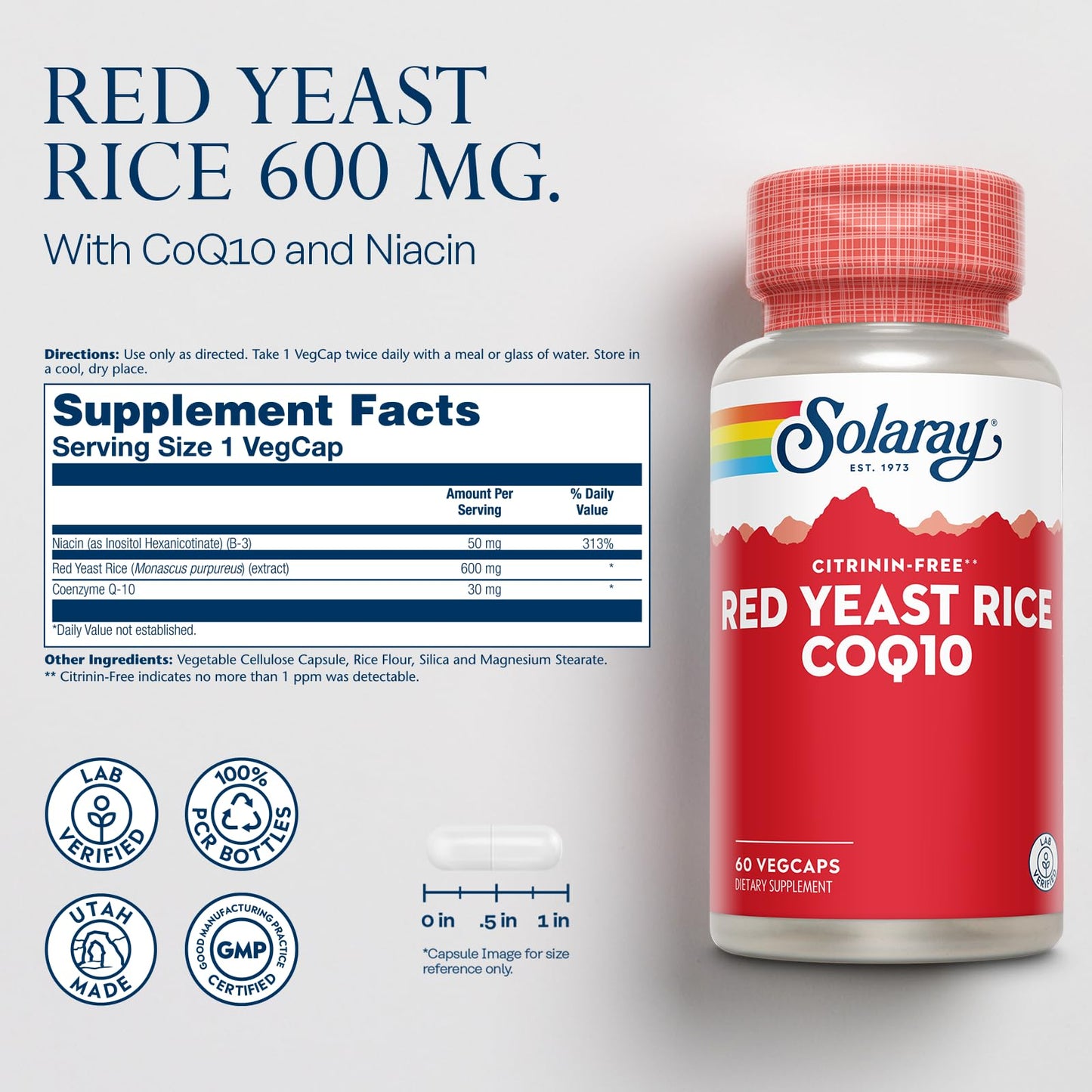 SOLARAY Red Yeast Rice Plus CoQ-10 & No-Flush Niacin - 60 Servings