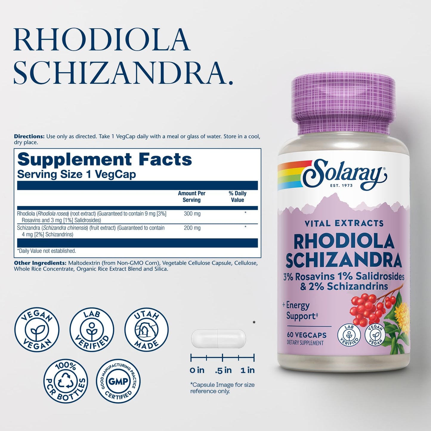 SOLARAY Rhodiola Schizandra – Energy & Occasional Stress Support | 60 VegCaps, Vegan, Lab Verified