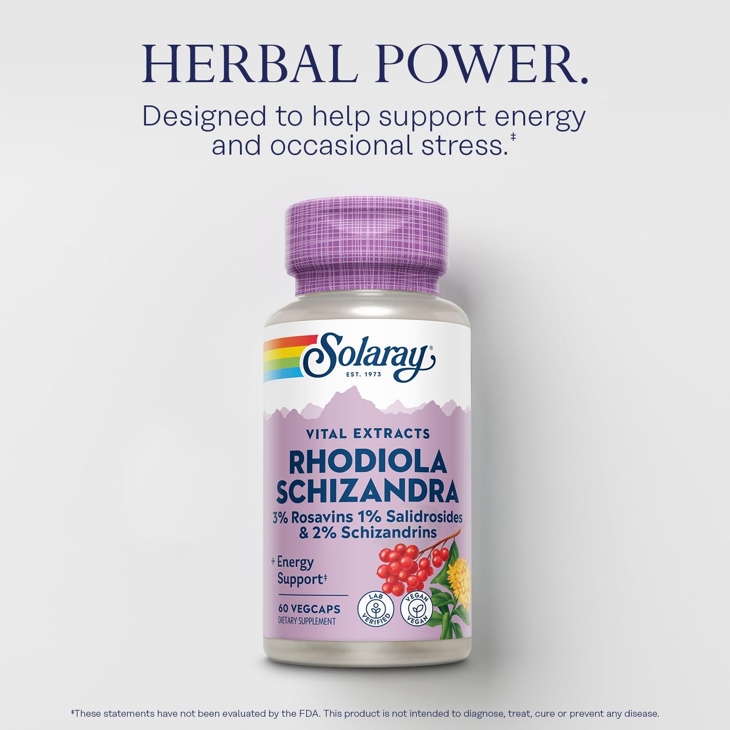 SOLARAY Rhodiola Schizandra – Energy & Occasional Stress Support | 60 VegCaps, Vegan, Lab Verified