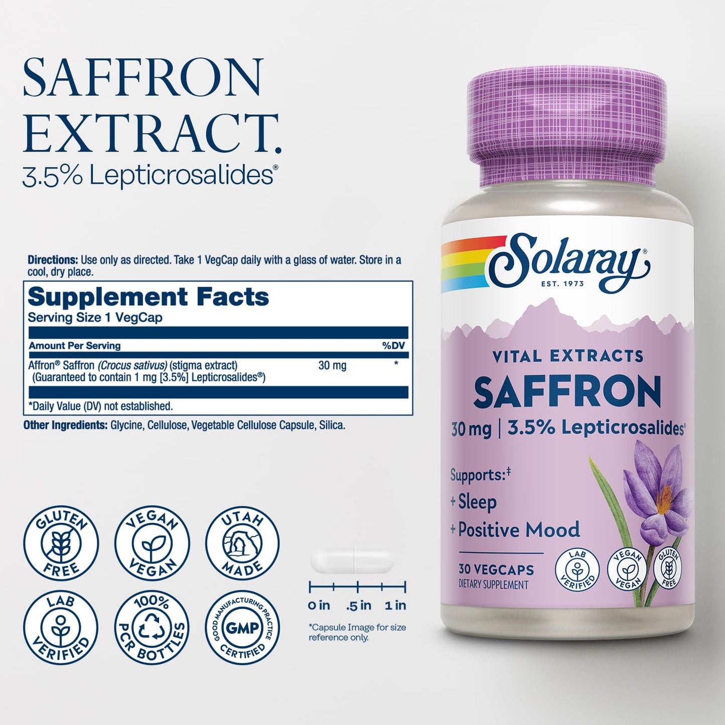 SOLARAY Saffron Extract – Sleep & Mood Support | Vegan & Gluten Free | Lab Verified