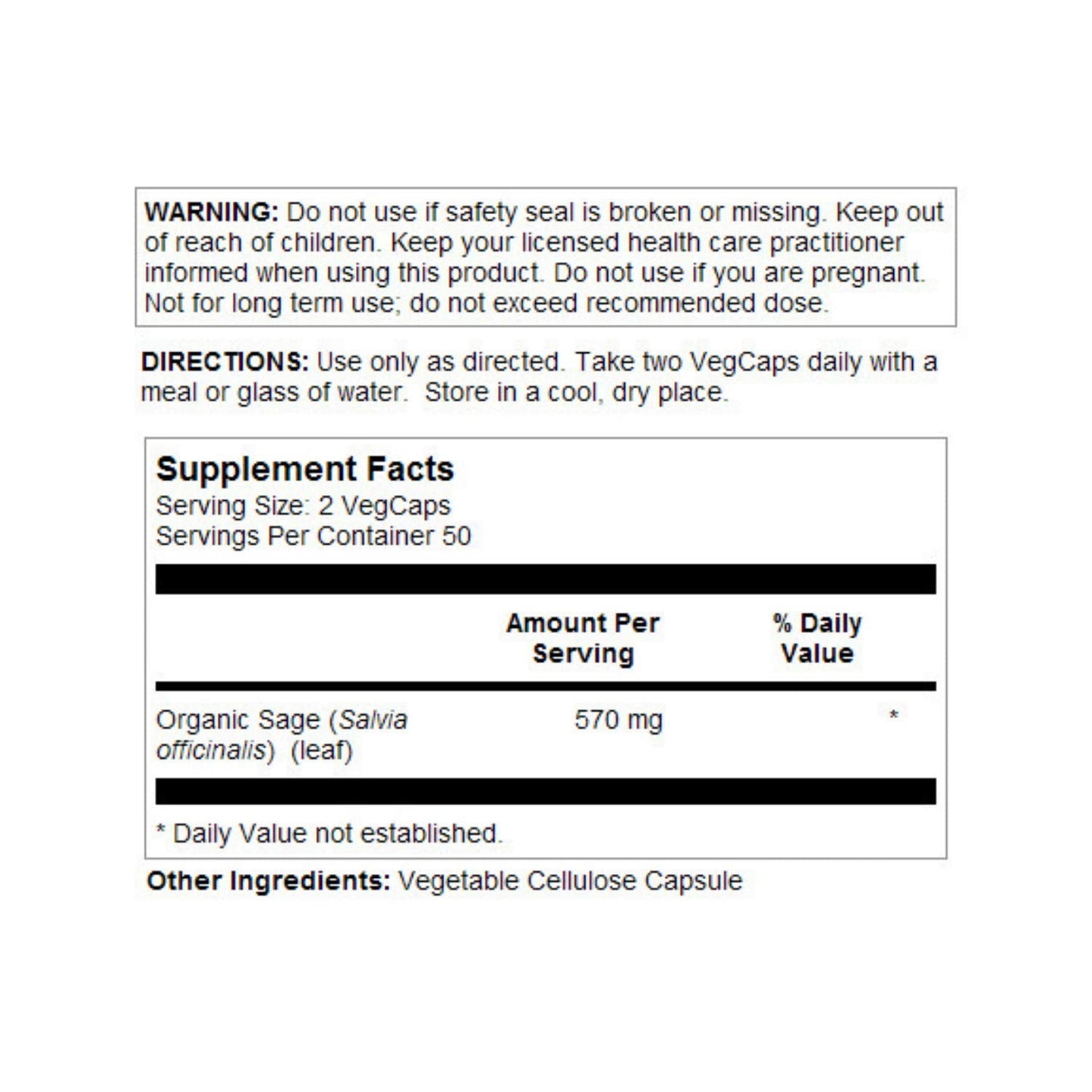 SOLARAY Sage Leaf 570mg – Body Odor & Immune Support | Nervous & Digestive | 100 VegCaps