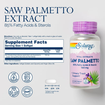 SOLARAY Saw Palmetto Extract – Prostate & Urinary Support | 136 mg Fatty Acids & Sterols | Lab Verified | 60 Servings