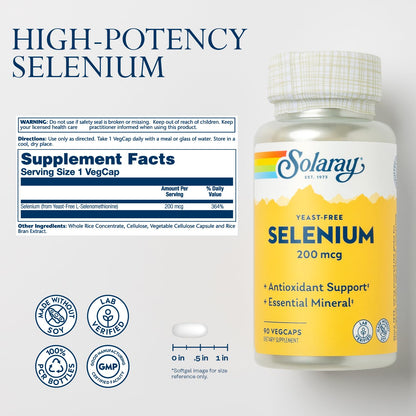 Solaray Selenium 200mcg Yeast-Free – Thyroid & Immune Support, 90 VegCaps