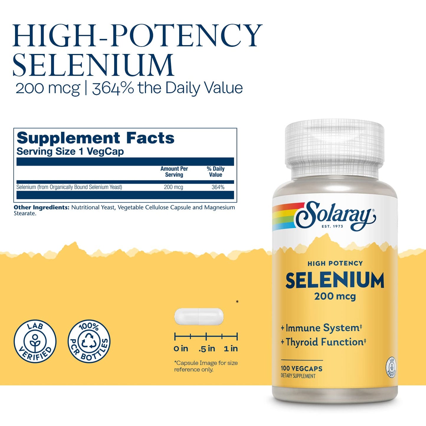 Solaray Selenium 200 mcg High Potency - 100 VegCaps | Immune, Thyroid & Antioxidant Support