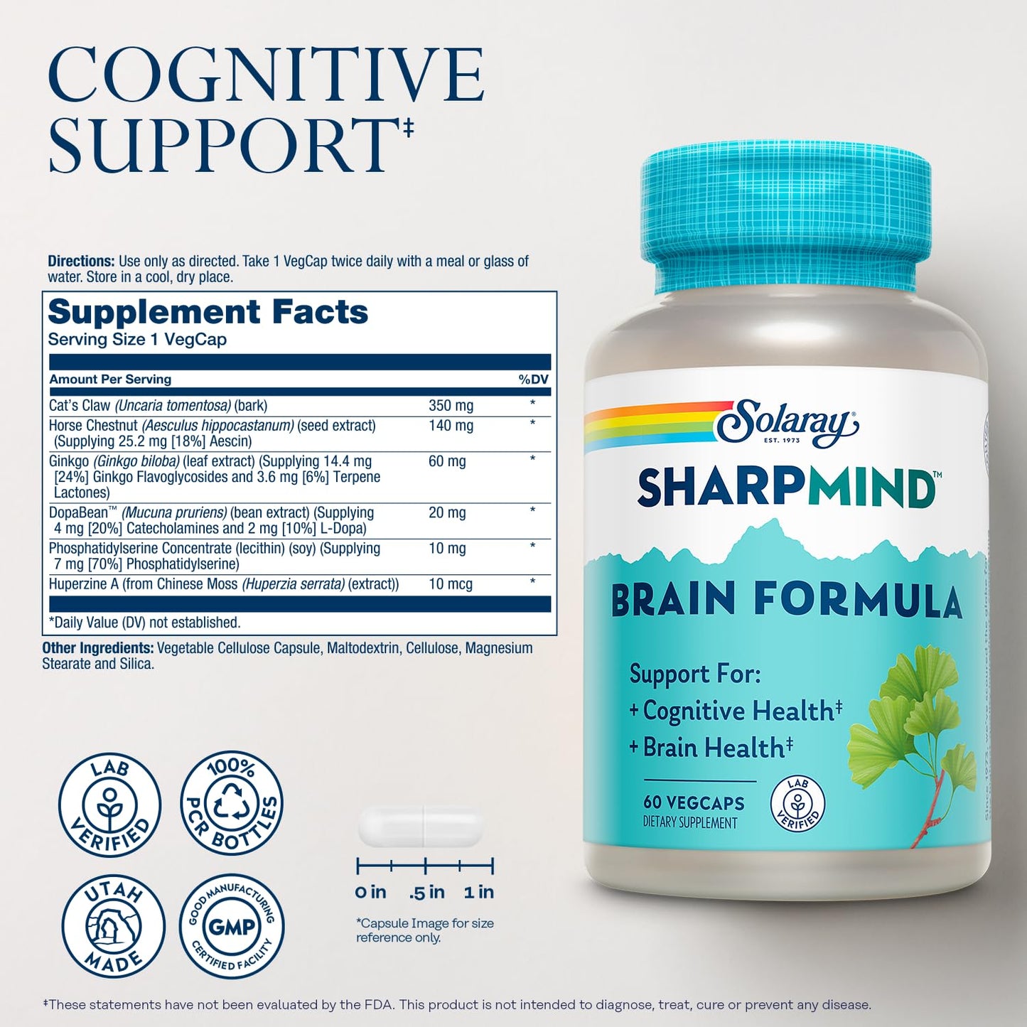 Solaray SharpMind Brain Formula – Nootropic Brain Support with Ginkgo Biloba (60 Servings)