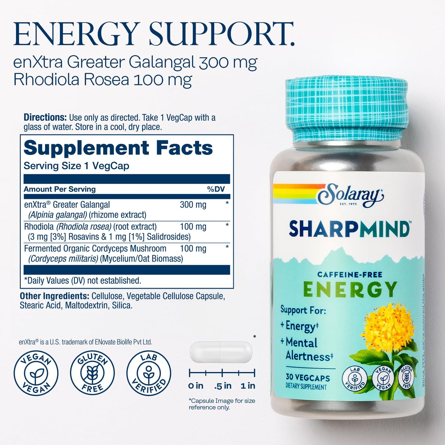 SOLARAY SharpMind Energy – Caffeine-Free Nootropic for Focus, Energy & Memory | Rhodiola Rosea, Cordyceps, 30 Servings