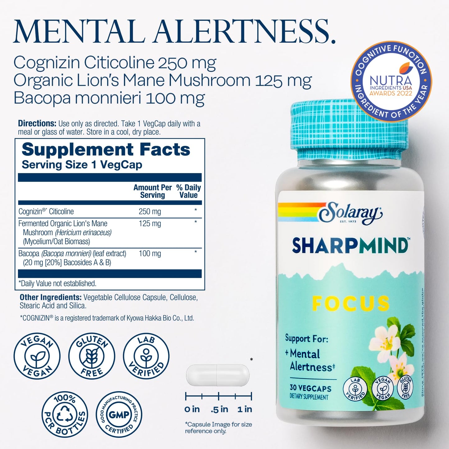 Solaray SharpMind Focus Nootropic – Cognizin Citicoline, Bacopa & Lions Mane | Vegan, 30 Servings, 60-Day Guarantee